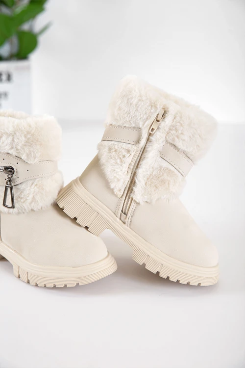 حذاء بوت بناتي شتوي لون اوف وايت بطول الكاحل مزين و مبطن بفرو و سحاب جانبي للغلق