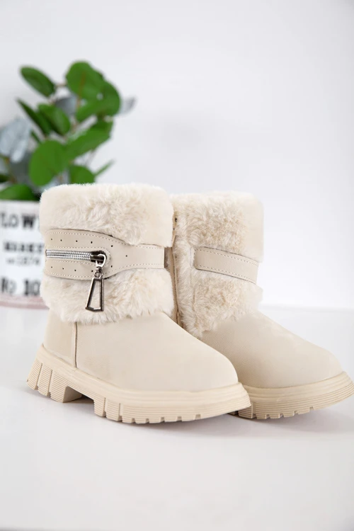 حذاء بوت بناتي شتوي لون اوف وايت بطول الكاحل مزين و مبطن بفرو و سحاب جانبي للغلق
