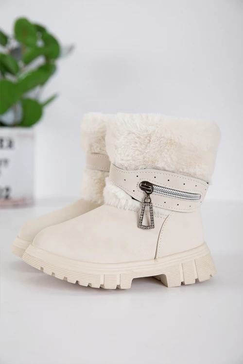 حذاء بوت بناتي شتوي لون اوف وايت بطول الكاحل مزين و مبطن بفرو و سحاب جانبي للغلق