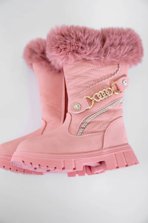 حذاء بوت بناتي شتوي لون وردي بطول الكاحل مزين و مبطن بفرو و سحاب جانبي للغلق