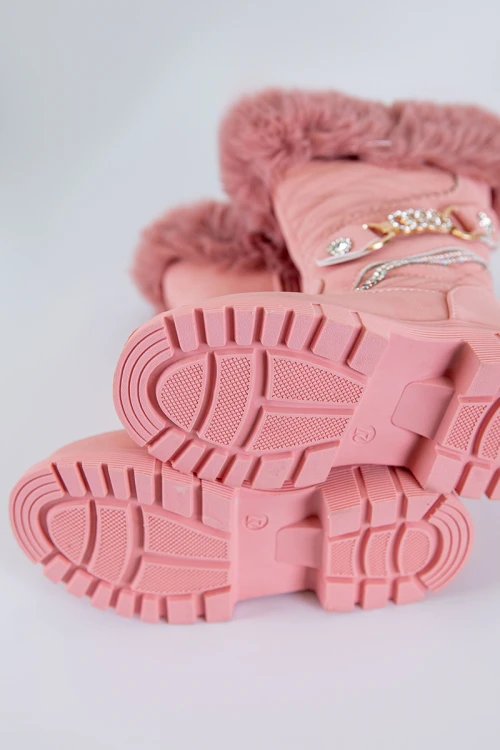 حذاء بوت بناتي شتوي لون وردي بطول الكاحل مزين و مبطن بفرو و سحاب جانبي للغلق