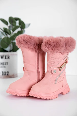 حذاء بوت بناتي شتوي لون وردي بطول الكاحل مزين و مبطن بفرو و سحاب جانبي للغلق
