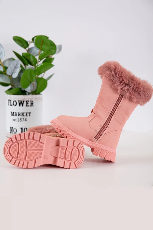 حذاء بوت بناتي شتوي لون وردي بطول الكاحل مزين و مبطن بفرو و سحاب جانبي للغلق
