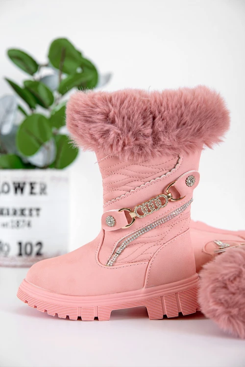 حذاء بوت بناتي شتوي لون وردي بطول الكاحل مزين و مبطن بفرو و سحاب جانبي للغلق