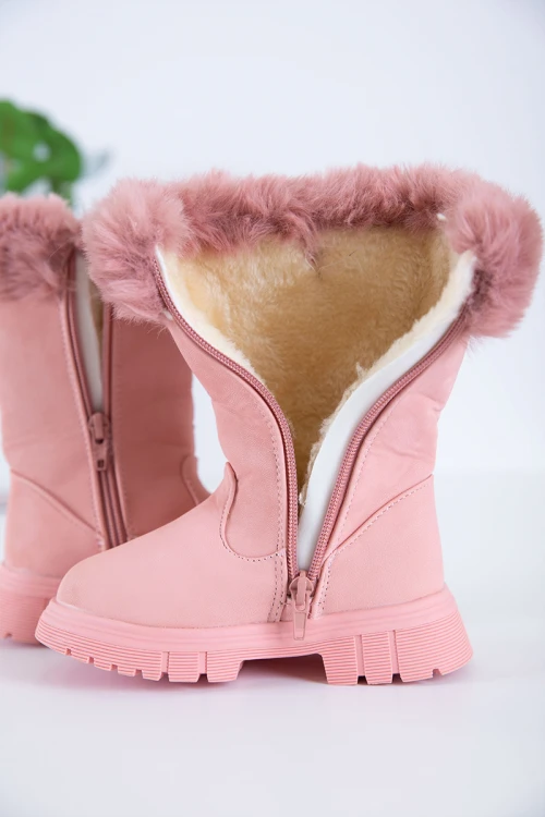 حذاء بوت بناتي شتوي لون وردي بطول الكاحل مزين و مبطن بفرو و سحاب جانبي للغلق