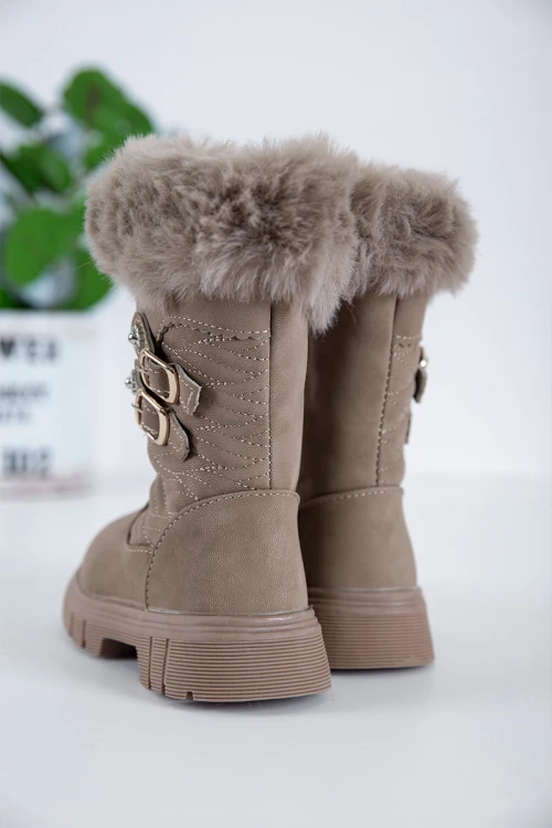حذاء بوت بناتي شتوي لون بني بطول الكاحل مزين بفرو و سحاب جانبي للغلق