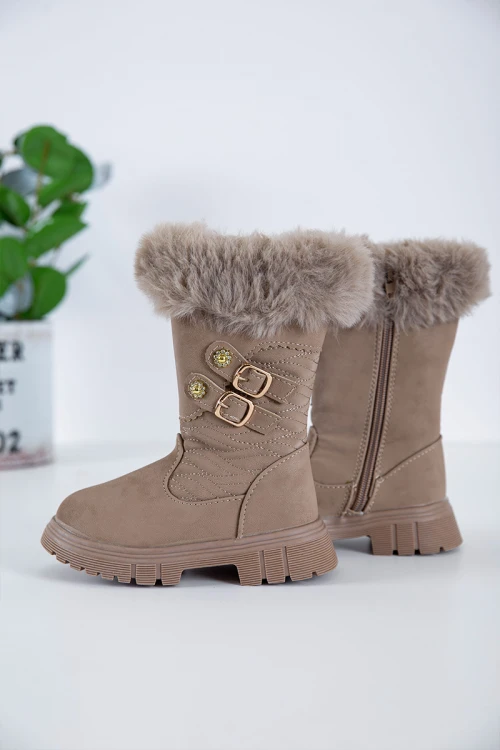 حذاء بوت بناتي شتوي لون بني بطول الكاحل مزين بفرو و سحاب جانبي للغلق