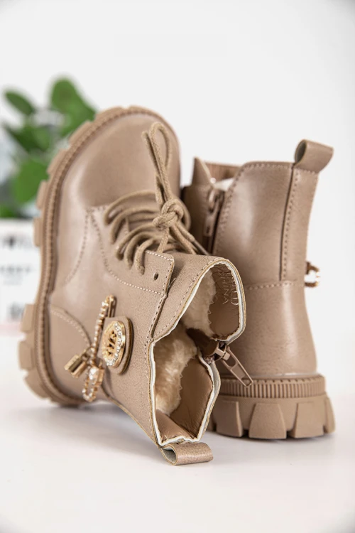 حذاء بوت بناتي شتوي لون بني بطول الكاحل مبطن بفرو و سحاب جانبي للغلق