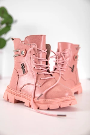 حذاء بوت بناتي شتوي لون وردي بطول الكاحل مبطن بفرو و سحاب جانبي للغلق