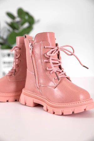 حذاء بوت بناتي شتوي لون وردي بطول الكاحل مبطن بفرو و سحاب جانبي للغلق