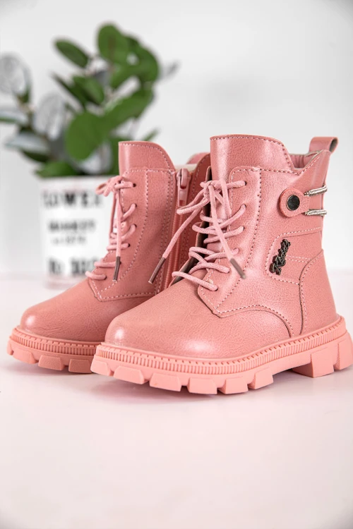 حذاء بوت بناتي شتوي لون وردي بطول الكاحل مبطن بفرو و سحاب جانبي للغلق