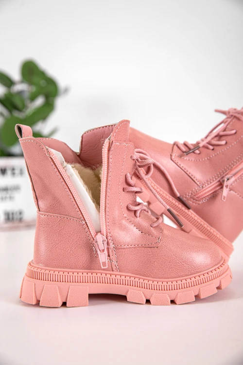 حذاء بوت بناتي شتوي لون وردي بطول الكاحل مبطن بفرو و سحاب جانبي للغلق