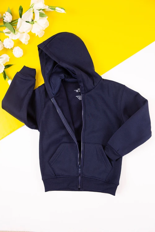 جاكيت بناتي شتوي لون كحلي بقبعة هودي و أكمام طويلة بجيوب وسحاب من الأمام