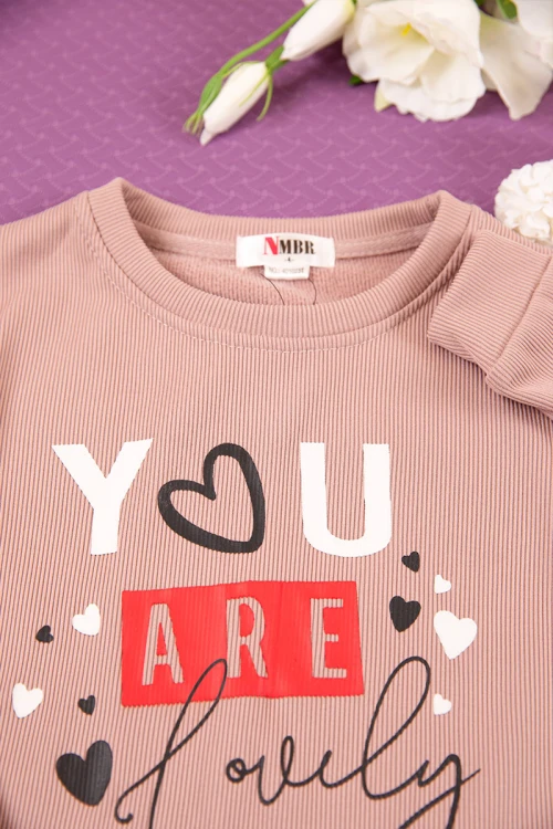 طقم بناتي شتوي قطعتين لون وردي بأكمام طويلة مع بنطلون طويل بزم و رباط على الخصر