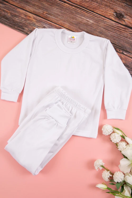 طقم بيجاما بناتي شتوي قطعتين لون أبيض بأكمام طويلة مع بنطلون طويل بزم