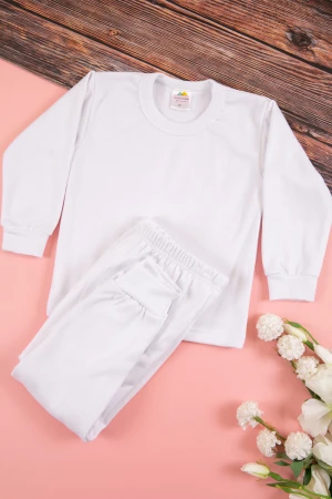 طقم بيجاما بناتي شتوي قطعتين لون أبيض بأكمام طويلة مع بنطلون طويل بزم 