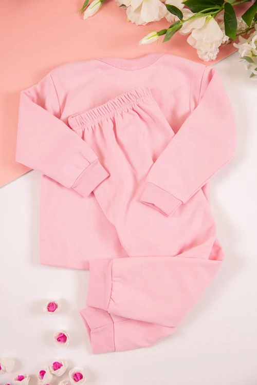 طقم بيجاما بناتي شتوي قطعتين لون وردي بأكمام طويلة مع بنطلون طويل بزم