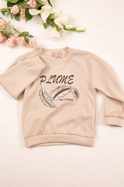 طقم بناتي شتوي قطعتين لون بيج بأكمام طويلة مع بنطلون طويل بزم و رباط على الخصر