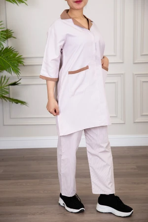 زي عاملة منزلية قطعتين مخطط متعدد الألوان قميص طويل بياقة قصة سبعة و سحاب قصير و جيوب من الأمام 