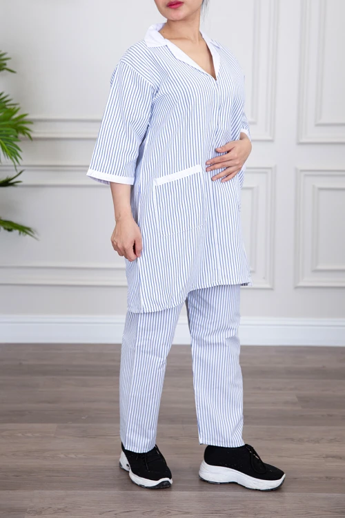 زي عاملة منزلية قطعتين متعدد الألوان قميص طويل بياقة قصة سبعة و بجيوب من الأمام