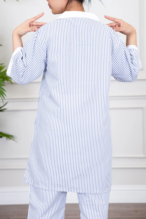 زي عاملة منزلية قطعتين متعدد الألوان قميص طويل بياقة قصة سبعة و بجيوب من الأمام