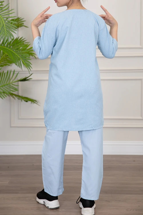 زي عاملة منزلية قطعتين متعدد الألوان قميص طويل بياقة قصة سبعة و بجيوب من الأمام