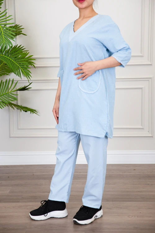 زي عاملة منزلية قطعتين متعدد الألوان قميص طويل بياقة قصة سبعة و بجيوب من الأمام