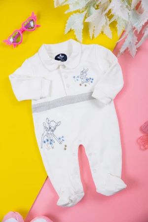 بربتوز بناتي أطفال لون أبيض برسومات من الأمام و أكمام طويلة و بأزرار من الأمام و الأسفل