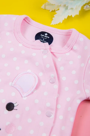 بربتوز بناتي أطفال لون وردي منقط بالأبيض برسومات من الأمام ذو أكمام طويلة و أزرار من الأمام