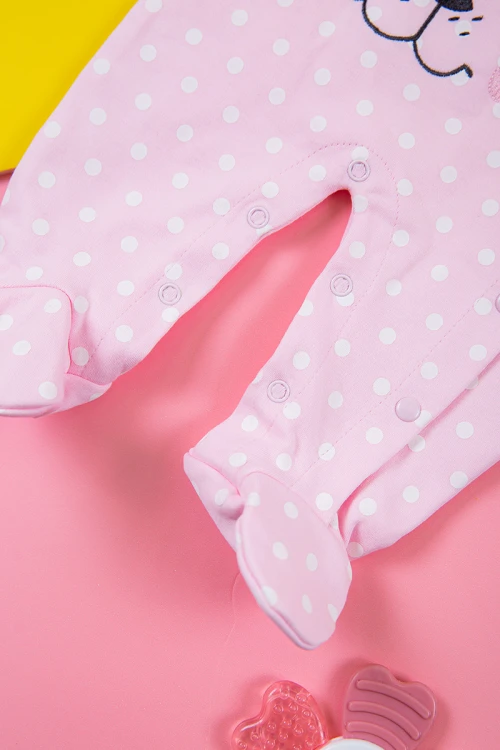 بربتوز بناتي أطفال لون وردي منقط بالأبيض برسومات من الأمام ذو أكمام طويلة و أزرار من الأمام