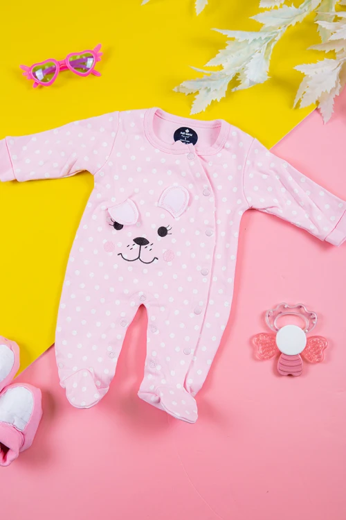 بربتوز بناتي أطفال لون وردي منقط بالأبيض برسومات من الأمام ذو أكمام طويلة و أزرار من الأمام