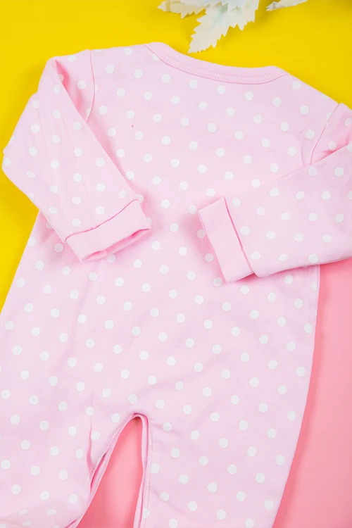 بربتوز بناتي أطفال لون وردي منقط بالأبيض برسومات من الأمام ذو أكمام طويلة و أزرار من الأمام