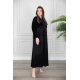 عباية نسائية أنيقة لون أسود بياقة و سديري متصل من القماش المخمل مزين بفصوص باللون الأسود و بجيوب من الأمام مع طرحة