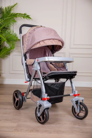 عربة أطفال خفيفة الوزن لون لحمي قابلة للطي و التعديل مع سلة تخزين مريحة 