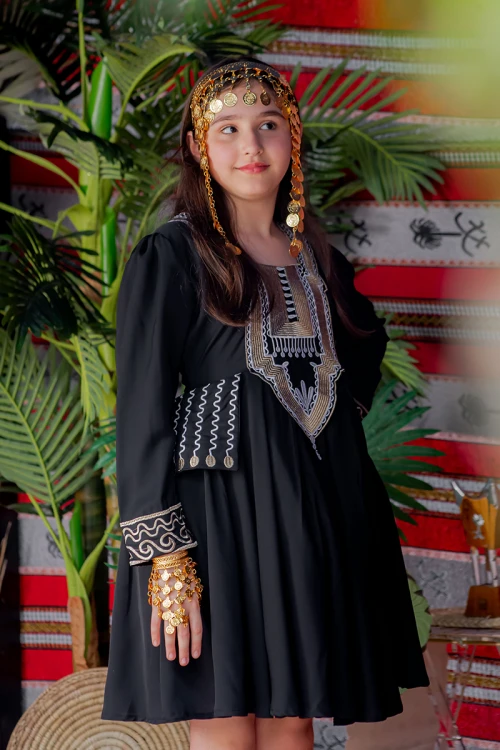 فستان بناتي تراثي قصير لون أسود مزين بتطريز ذهبي و فضي من الأمام و الأكمام