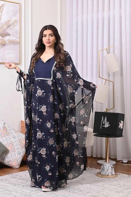 فستان نسائي مخاوير لون كحلي مزين بالورود و برباط من الأكمام