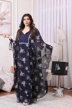 فستان نسائي مخاوير لون كحلي مزين بالورود و برباط من الأكمام