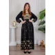 جلابية نسائية لون أسود مزينة بتطريز ذهبي بياقة دائرية و رباط على الخصر