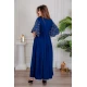 جلابية نسائية لون أزرق مزينة بتطريز ذهبي ذو أكمام ميدي و رباط على الخصر