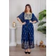 جلابية نسائية لون أزرق مزينة بتطريز ذهبي ذو أكمام ميدي و رباط على الخصر