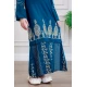 جلابية بناتي لون أزرق مزينة بتطريز بيج ذو أكمام طويلة