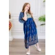 جلابية بناتي لون أزرق مزينة بتطريز ذهبي ذو أكمام ميدي و رباط  من الأمام