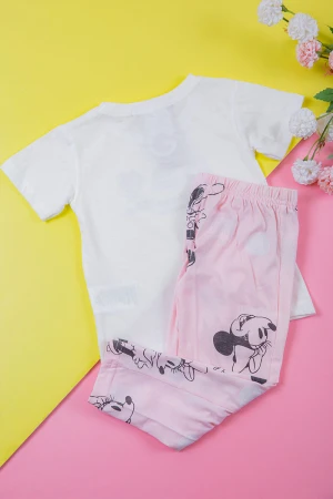 بيجامة بناتي قطعتين تيشيرت أبيض و بنطلون وردي طويل برسومات ميكي ماوس 