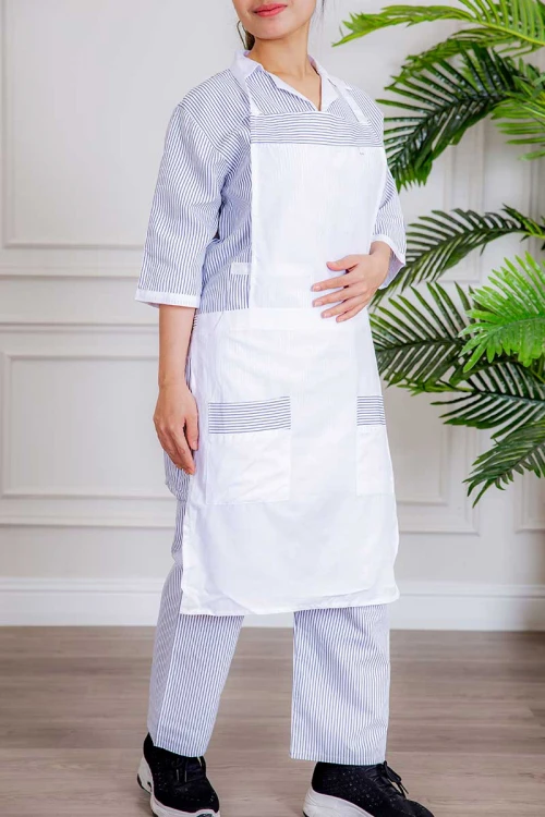 زي عاملة 3 قطع متعددة الألوان بلوزة طويلة بياقة مطوية و جيوب من الأمام ذو أكمام ميدي و بنطلون طويل و مريلة منفصلة