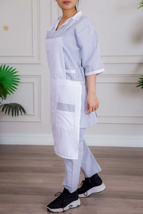 زي عاملة 3 قطع متعددة الألوان بلوزة طويلة بياقة مطوية و جيوب من الأمام ذو أكمام ميدي و بنطلون طويل و مريلة منفصلة