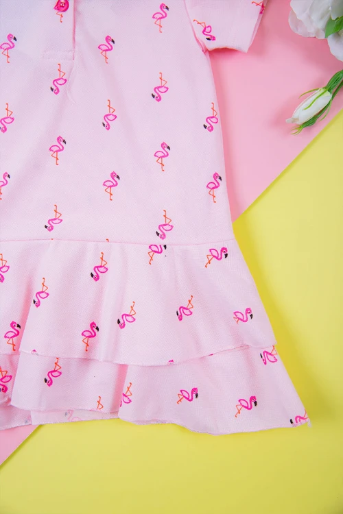 فستان بناتي متعدد الاوان بأكمام قصيرة و ياقة عالية  بسحاب مخفي من الخلف