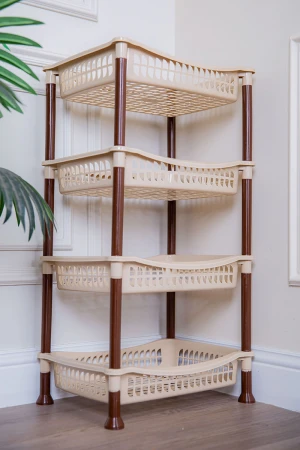 سلة خضار بلاستيك لون بيج مستطيلة 4 رفوف مخرمة