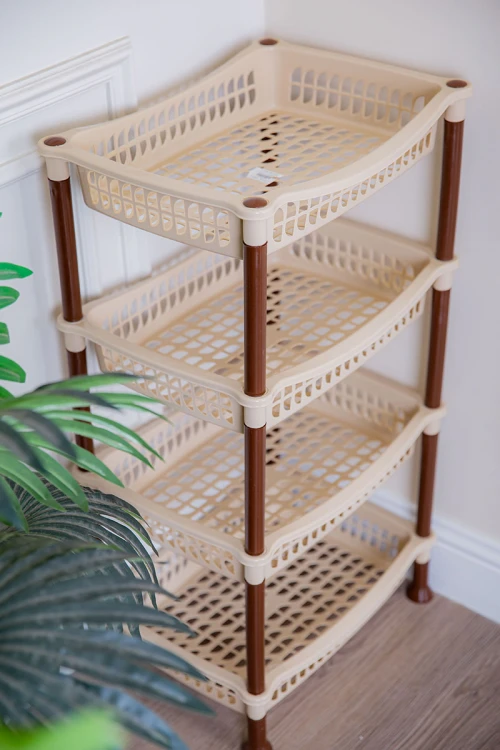 سلة خضار بلاستيك لون بيج مستطيلة 4 رفوف مخرمة