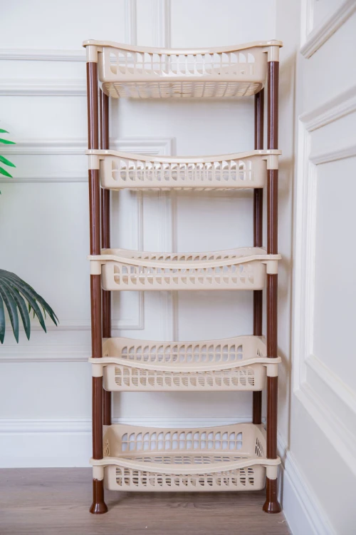 سلة خضار بلاستيك لون بيج مستطيلة 5 رفوف مخرمة