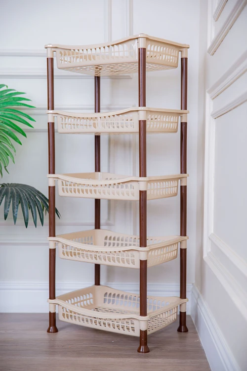 سلة خضار بلاستيك لون بيج مستطيلة 5 رفوف مخرمة